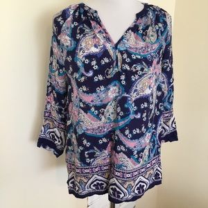 Rose & Thyme Paisley Boho Split V-Neck Blouse M
